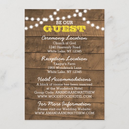 Barnwood Lights Goud Bruiloft Informatie Kaart (Voorkant)