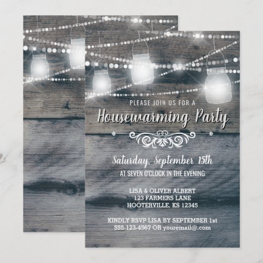 Barnwood Lights Jars Rustic Housewarming Party Kaart (Voorkant / Achterkant)