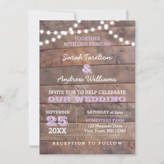 Barnwood Lights Lila bruiloft uitnodiging (Voorkant)