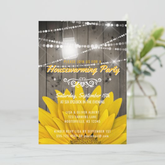 Barnwood Lights Mason Jar Sunflower Housewarming Kaart (Staand voorkant)