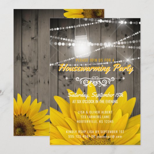 Barnwood Lights Mason Jar Sunflower Housewarming Kaart (Voorkant / Achterkant)