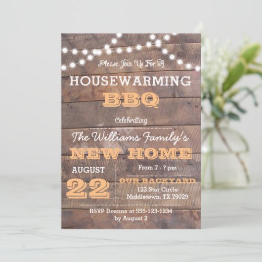 Barnwood Lights Perzik Housewarming Uitnodiging (Staand voorkant)
