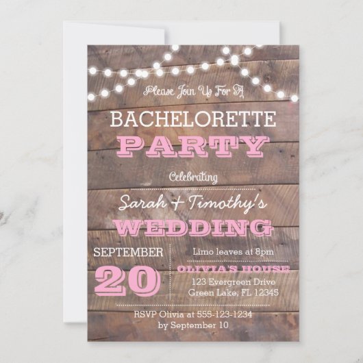 Barnwood Lights Pink Bachelorette Uitnodiging (Voorkant)