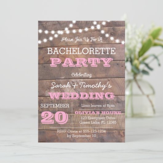 Barnwood Lights Pink Bachelorette Uitnodiging (Staand voorkant)