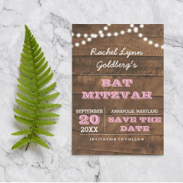 Barnwood Lights Pink Bat Mitzvah Save the Date Aankondigingskaart