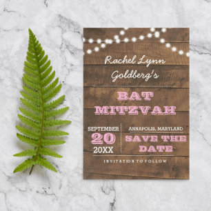 Barnwood Lights Pink Bat Mitzvah Save the Date Aankondigingskaart
