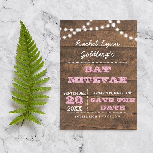 Barnwood Lights Pink Bat Mitzvah Save the Date Aankondigingskaart