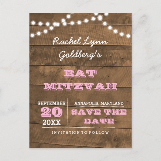 Barnwood Lights Pink Bat Mitzvah Save the Date Aankondigingskaart (Voorkant)
