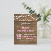 Barnwood Lights Pink Bat Mitzvah Save the Date Aankondigingskaart (Staand voorkant)