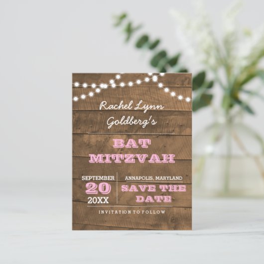 Barnwood Lights Pink Bat Mitzvah Save the Date Aankondigingskaart (Staand voorkant)