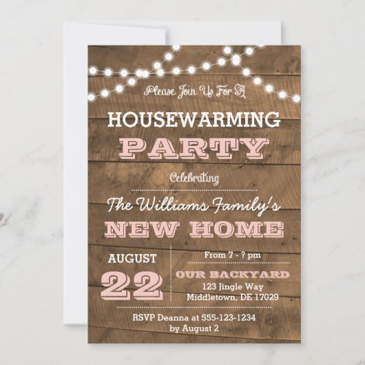 Barnwood Lights Pink Housewarming uitnodiging (Voorkant)