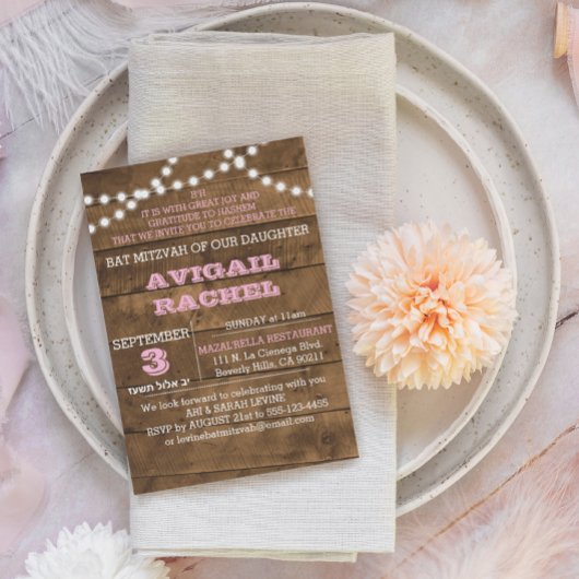 Barnwood Lights Roze B"H Bat Mitzvah Uitnodiging