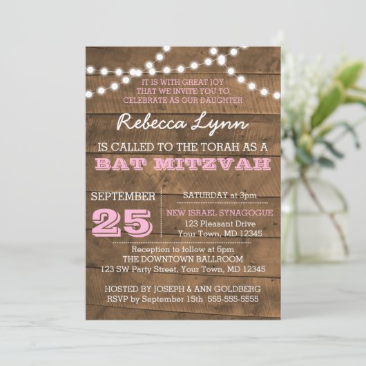Barnwood Lights Roze Bat Mitzvah Aangepaste uitnod Kaart (Staand voorkant)