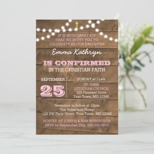 Barnwood Lights Roze Bevestiging Uitnodiging (Staand voorkant)