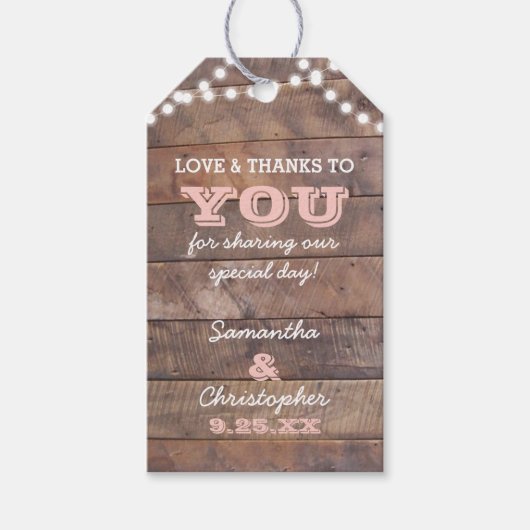 Barnwood Lights Roze Bruiloft Dank u Cadeau Labels Cadeaulabel (Voorkant)