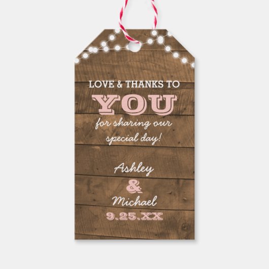 Barnwood Lights Roze Bruiloft Dank u Cadeau Labels Cadeaulabel (Voorkant)