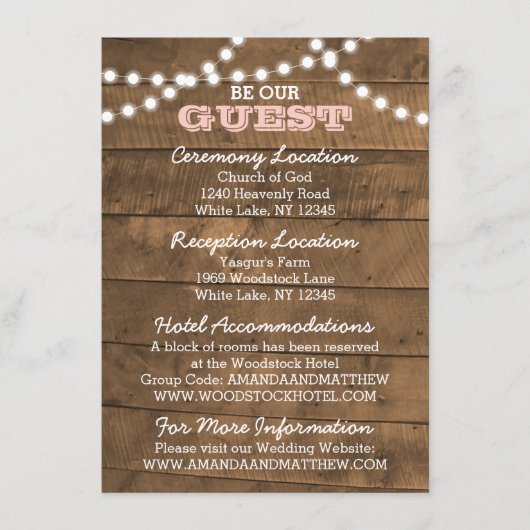Barnwood Lights Roze Bruiloft Informatie Kaart (Voorkant)