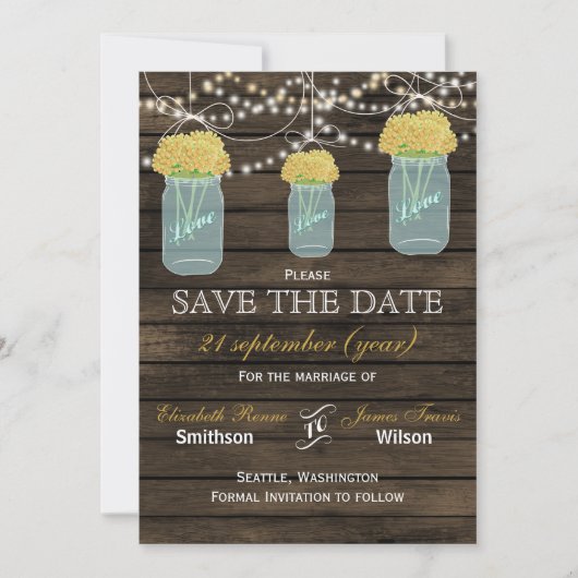 Barnwood mason jars gele bloemen behalve de datum save the date (Voorkant)