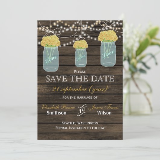 Barnwood mason jars gele bloemen behalve de datum save the date (Staand voorkant)
