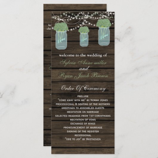 Barnwood mason jars, sage bloemen programmakaart (Voorkant / Achterkant)