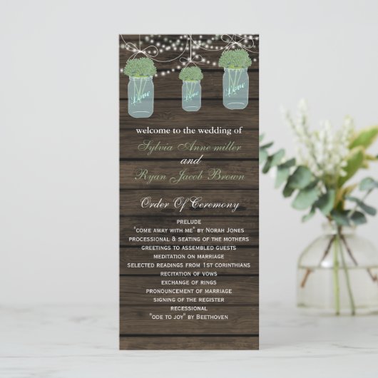 Barnwood mason jars, sage bloemen programmakaart (Staand voorkant)