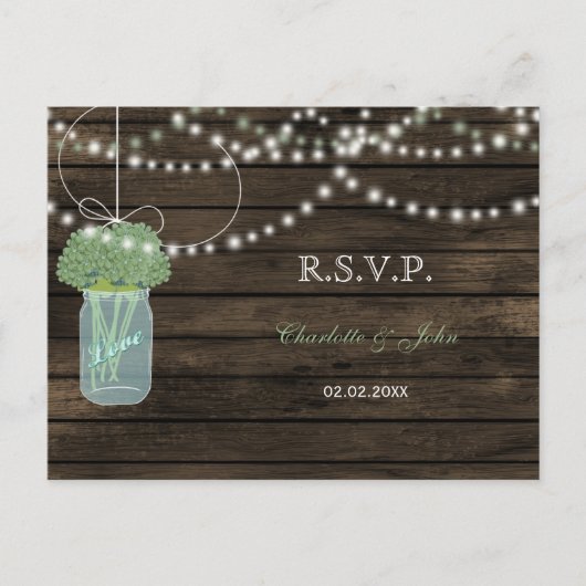 Barnwood mason jars sage bruiloft RSVP Uitnodiging Briefkaart (Voorkant)