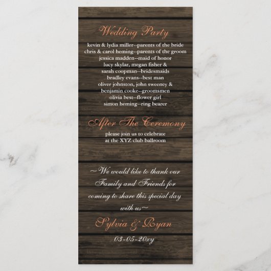 Barnwood metselaarpotten, koraal bloemen programma programmakaart (Achterkant)