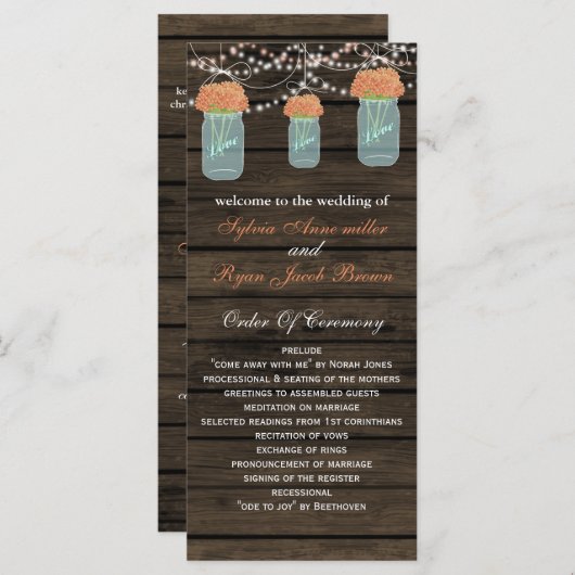 Barnwood metselaarpotten, koraal bloemen programma programmakaart (Voorkant / Achterkant)