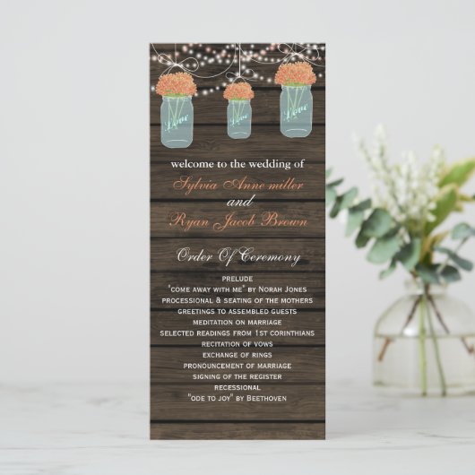 Barnwood metselaarpotten, koraal bloemen programma programmakaart (Staand voorkant)