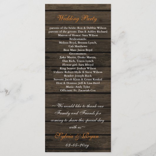 Barnwood metselaarpotten, oranje bloemprogramma's programmakaart (Achterkant)