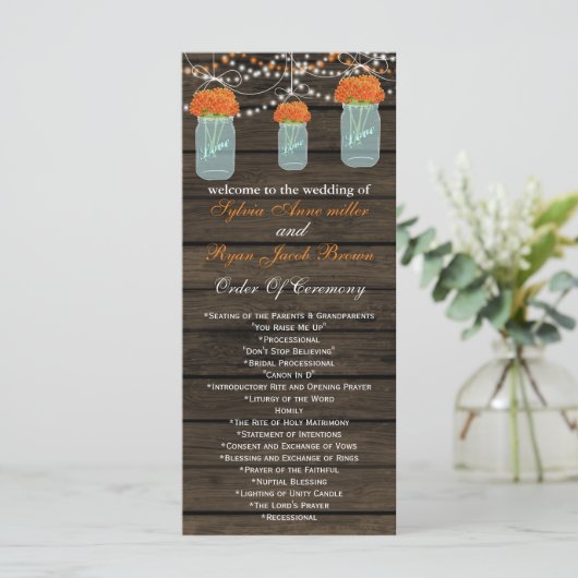 Barnwood metselaarpotten, oranje bloemprogramma's programmakaart (Staand voorkant)