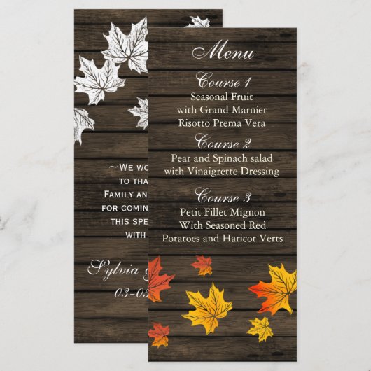 Barnwood Rustic Herfst bruiloft menukaarten Menu (Voorkant / Achterkant)