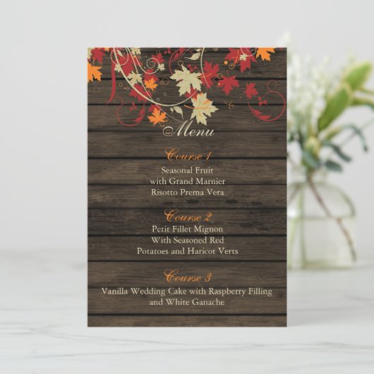 Barnwood Rustic, herfst verlaat bruiloft menu kaar (Staand voorkant)