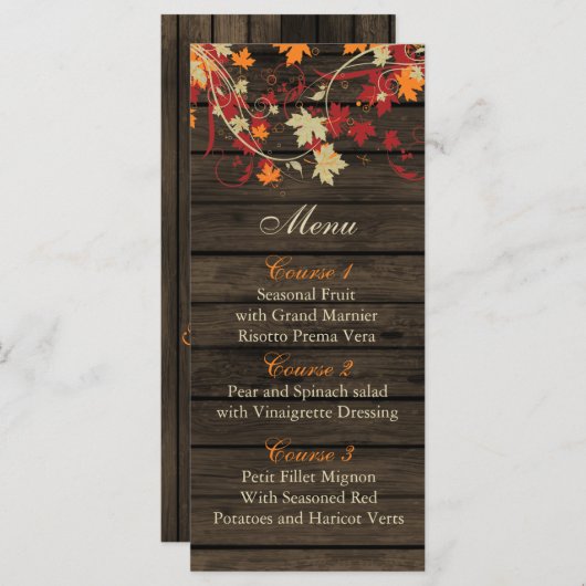 Barnwood Rustic, herfst verlaat bruiloft menu kaar (Voorkant / Achterkant)