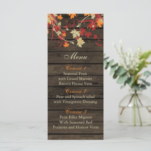 Barnwood Rustic, herfst verlaat bruiloft menu kaar (Staand voorkant)