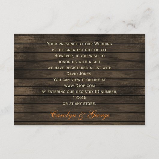 Barnwood Rustic, herfst verlaat huwelijkscadeau re Informatiekaartje (Achterkant)