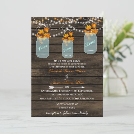 Barnwood, Rustic mason jar fall bruiloft Kaart (Staand voorkant)