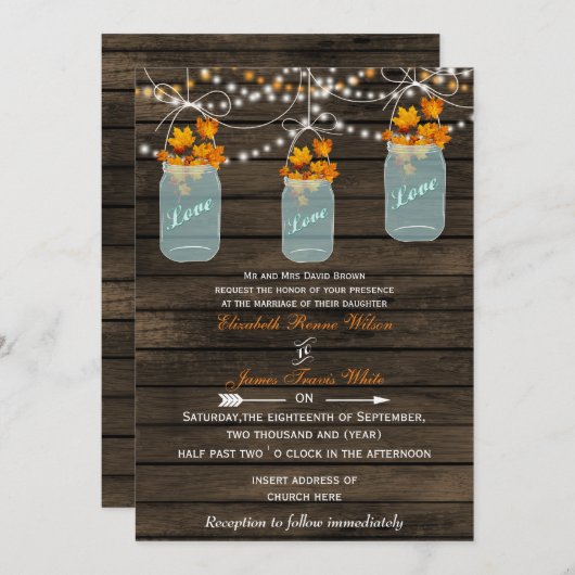 Barnwood, Rustic mason jar fall bruiloft Kaart (Voorkant / Achterkant)