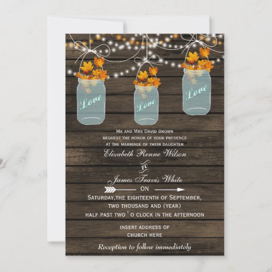 Barnwood, Rustic mason jar fall bruiloft nodigt ui Kaart (Voorkant)