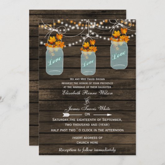 Barnwood, Rustic mason jar fall bruiloft nodigt ui Kaart (Voorkant / Achterkant)