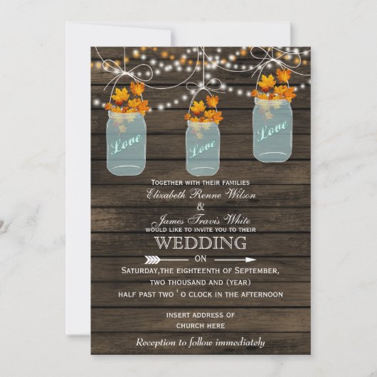 Barnwood, Rustic mason jar Fall bruiloft uitnodigi Kaart (Voorkant)