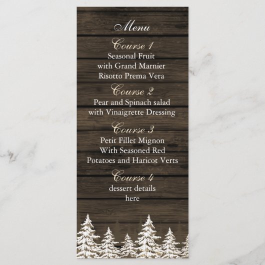 Barnwood Rustic Pine bomen, trouwmenkkaarten Menu (Voorkant)