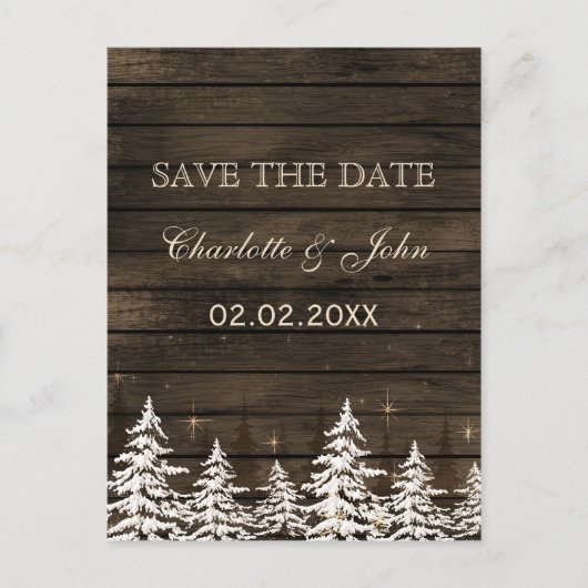 Barnwood Rustic Pine bomen, winter sparen de datum Aankondigingskaart (Voorkant)