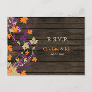 Barnwood Rustic plum fall leaves bruiloft RSVP Uitnodiging Briefkaart