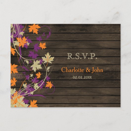 Barnwood Rustic plum fall leaves bruiloft RSVP Uitnodiging Briefkaart (Voorkant)