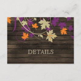 Barnwood Rustic pruim laat bruiloft details Informatiekaartje
