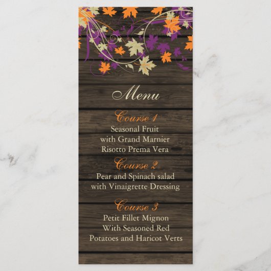 Barnwood Rustic pruim val bladeren bruiloft menuka Menu (Voorkant)