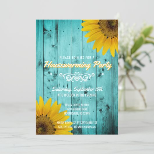 Barnwood Rustic Sunflower Blauwgroen Housewarming Kaart (Staand voorkant)
