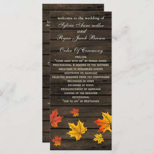 Barnwood rustieke herfst bruiloft programma's thee (Voorkant / Achterkant)