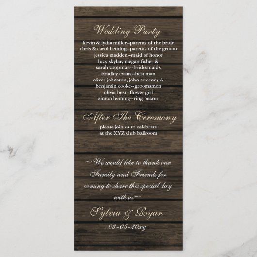 Barnwood Rustieke Pijnbomen, winter bruiloft progr Programmakaart (Achterkant)